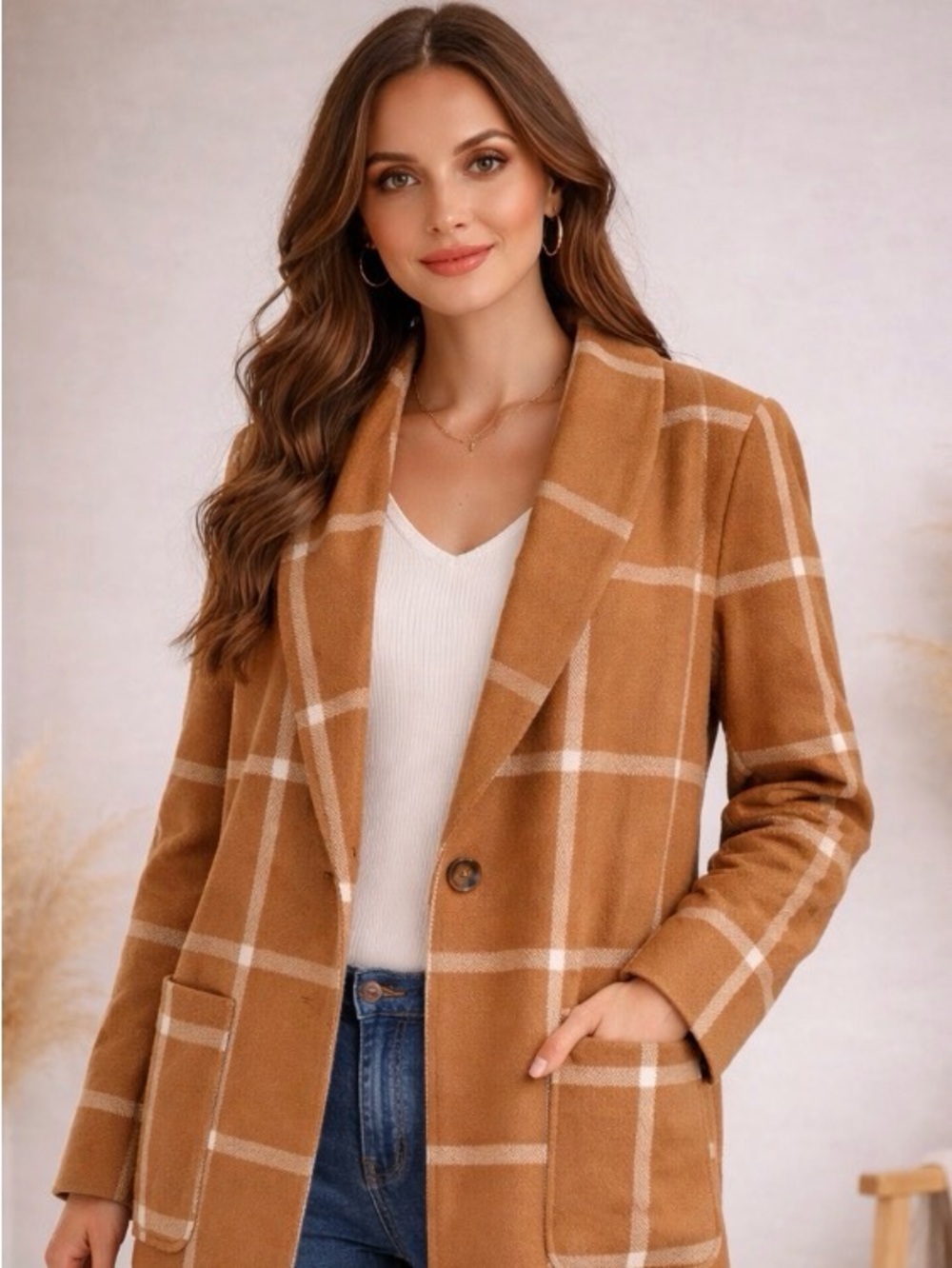 Élégant Dip Plus Size 3X Oversized Plaid Trench Coat in Camel and White